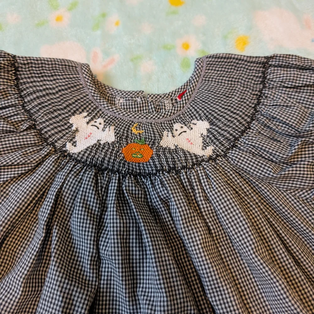Chocolate Soup Embroidered Halloween Ghosts Black White Gingham Toddler Dress - Picture 4 of 10